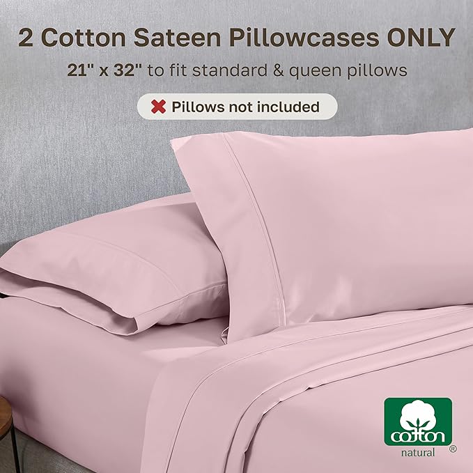 California Design Den Standard Queen Size Pillowcase Set - 400 Thread Count, 100% Cotton Sateen, Set of 2 Pillow Covers, Soft and Breathable - Pink