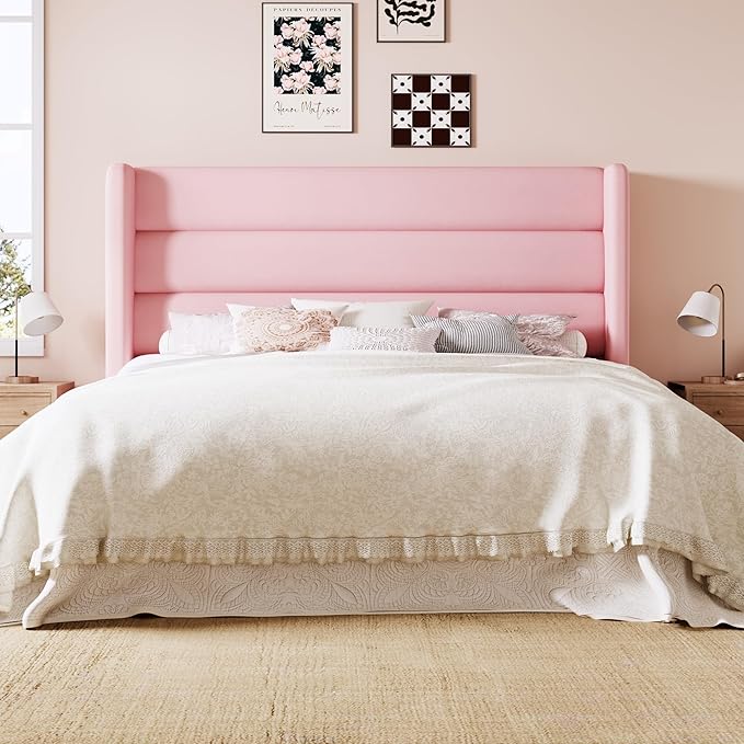 Allewie Full Size Platform Bed Frame with Velvet Upholstered Wingback Headboard, No Box Spring Needed, Under Bed Storage Space, Strong Wooden Slats, Modern Mattress Foundation, Easy Assembly, Pink