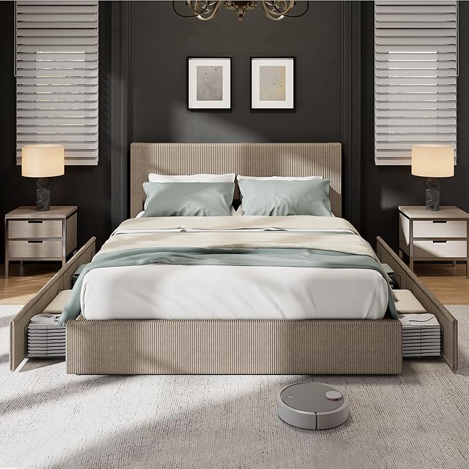 IDEALHOUSE King Size Bed Frame with Tufted Wingback Headboard, Platform Corduroy Upholstered Bed Frame with 4 Storage Drawers and Wooden Slats Support, No Box Spring Needed, Brown
