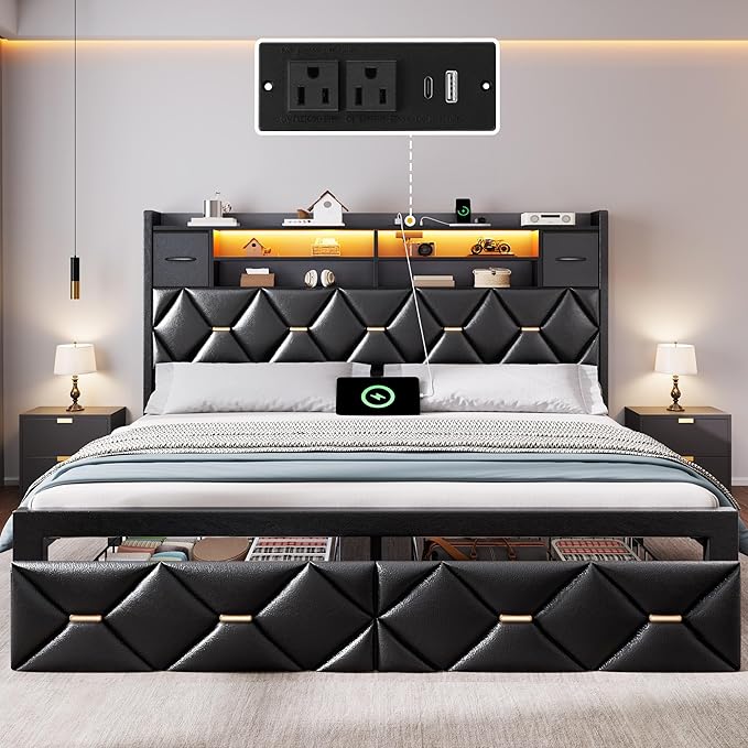 YITAHOME King Size Bed Frame with 2 Storage Drawers and Storage Headboard, Upholstered Platform with Charging Station and LED Light, No Box Spring Needed, Noise Free, Easy Assembly, PU Leather Black
