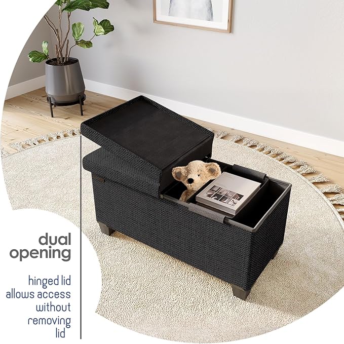 Storage Ottoman Bench with Bins, 30-in Storage Bench for Bedroom End of Bed, Folding Foot Rest Ottoman for Living Room Max 660lbs, Fabric Ottomans, Black