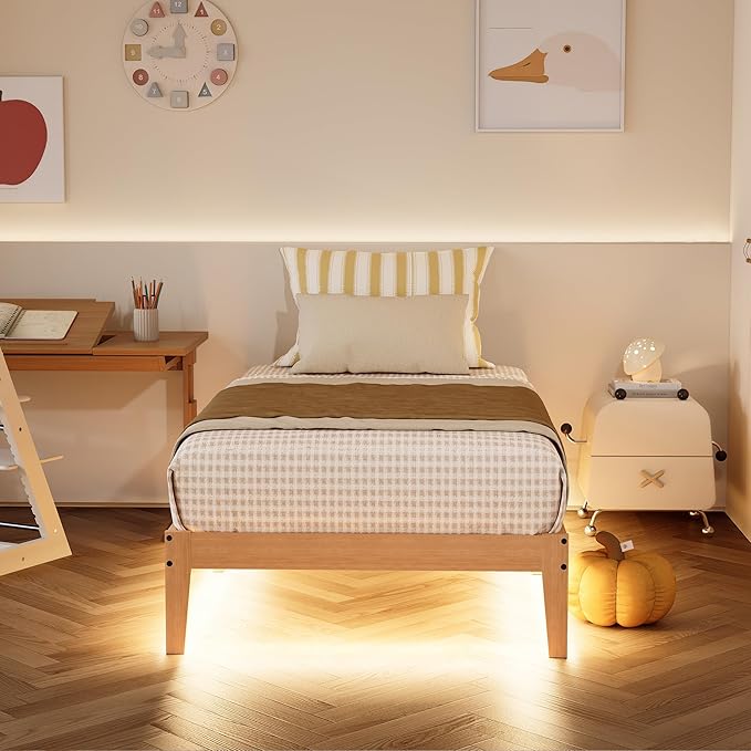 Tyndall Twin Size Bed Frame with LED Lights, 12 Inch Natural Finish Solid Wood Platform Bed Frame with Wooden Slats Support, No Box Spring Needed, Noise Free, Easy Assembly