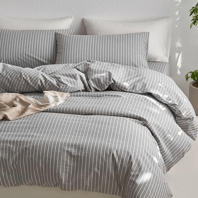 MooMee Striped Duvet Cover Set 100% Washed Cotton Linen Like Textured Breathable Durable Soft Comfy (Light Grey White Wide Stripes, Oversized Queen 98"x98")