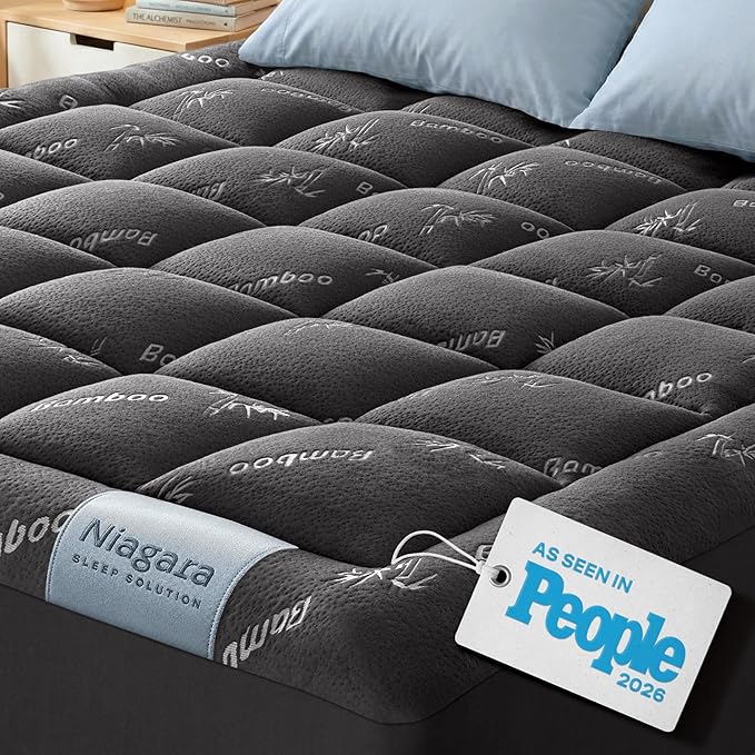Niagara Sleep Solution Ultra Soft Queen Size Mattress Topper - Rayon Derived from Bamboo Pillow Top Mattress Pad for Back Pain Relief - Naturally Cooling for Hot Sleepers, Dark Gray
