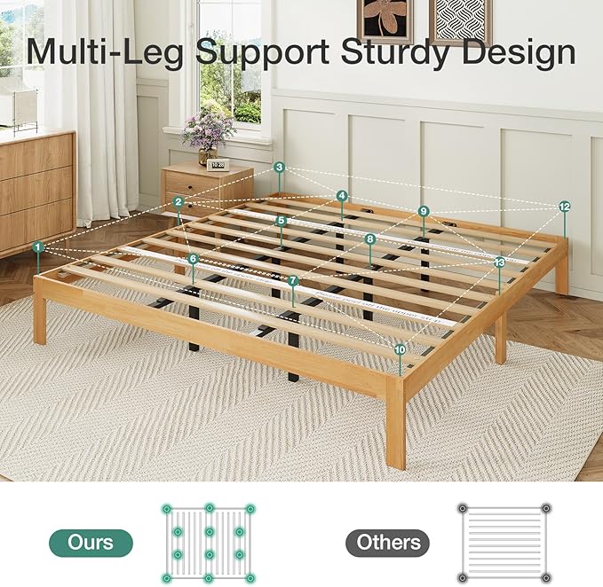 Novilla 12 Inch King Bed Frame, Classic Solid Wooden King Size Platform Bed Frame, Sturdy Wood Slat Support, No Box Spring Needed, Easy Assembly, Natural Grain Wood