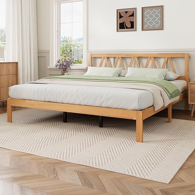 Novilla 12 Inch Solid Wooden King Size Bed Frame King Bed Frames with Headboard BedFrame Foundation No Box Spring Needed, Easy Assembly, Natural Grain Wood