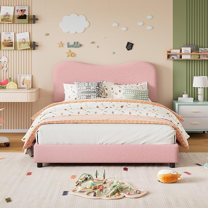 GarveeHome Boucle Full Size Bed Frame with Upholstered Headboard, Soft Low Profile Sturdy Platform Bed with Rounded Corners Design, Heavy Duty, Wooden Slats, Noise Free, No Box Spring Needed, Pink