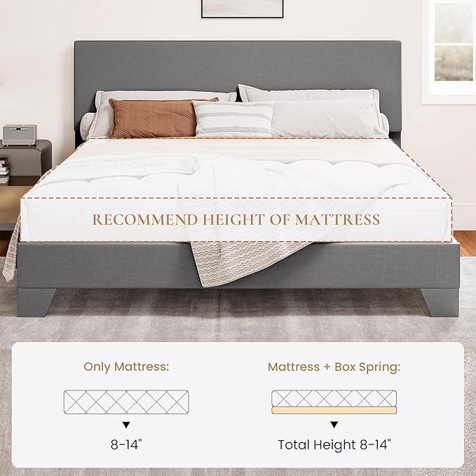 SHA CERLIN Queen Size Platform Bed Frame with Clean Line Fabric & Adjustable Headboard, Wood Slats Support, No Box Spring Needed, Easy Assembly, Light Grey