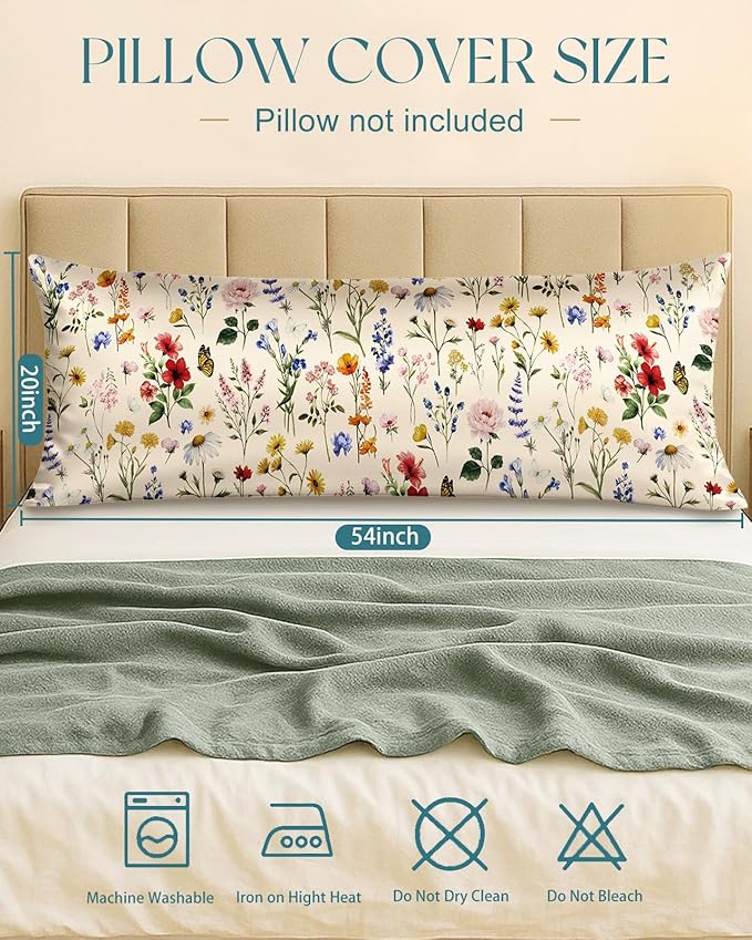 Miss Adola Silk Body Pillow Cover with Zipper - 20x54 Inch Silk Long Pillow Case for Women Ladies Adults Soft Bed Decorative Cute Boho Large Body Pillowcase Sham for Hair and Skin, Vintage Flower
