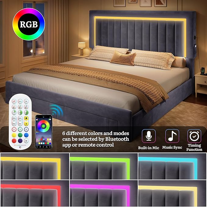 YITAHOME Queen Size Bed Frame with Adjustable Headboard, 4 Storage Drawers and RGB LED Lights, Velvet Upholstered Platform Bed with USB Ports, No Box Spring Needed, Fast Assembly, Noise-Free, Gray