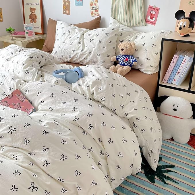 mixinni Vintage Bowknot Pattern Duvet Cover Set - Twin Size, 3 Pieces (1 Duvet Cover + 2 Pillowcases) - Boho Chic Black Bow Design Bedding with Zipper Closure for Girls & Women