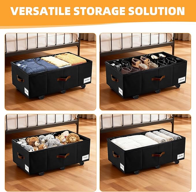 Under Bed Storage with Wheels,Underbed Storage with Sturdy Sidewalls/Bottom, Clear Cover, Label and PU Handle, Rolling Under Bed Drawers for Clothes, Shoes, 11 Inch Height,Black, 2 Pack