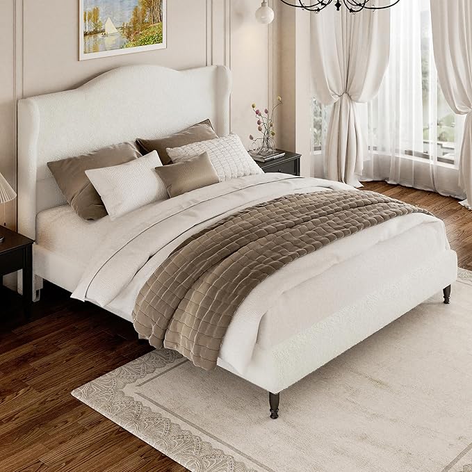 Queen Bed Frame with Wingback Headboard, Upholstered Boucle Platform Bed Frame Easy Assemnly, Solid Wooden Slats Support, Noise-Free, No Box Spring Needed, Soft Cloud Bed for Bedroom, Cream