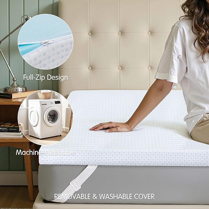 Subrtex 3 Inch Mattress Topper Cover (Only Cover) Mattress Topper Protector Bedding Rayon Made from Bamboo Removable Mattress Encasement with Zippers, Full
