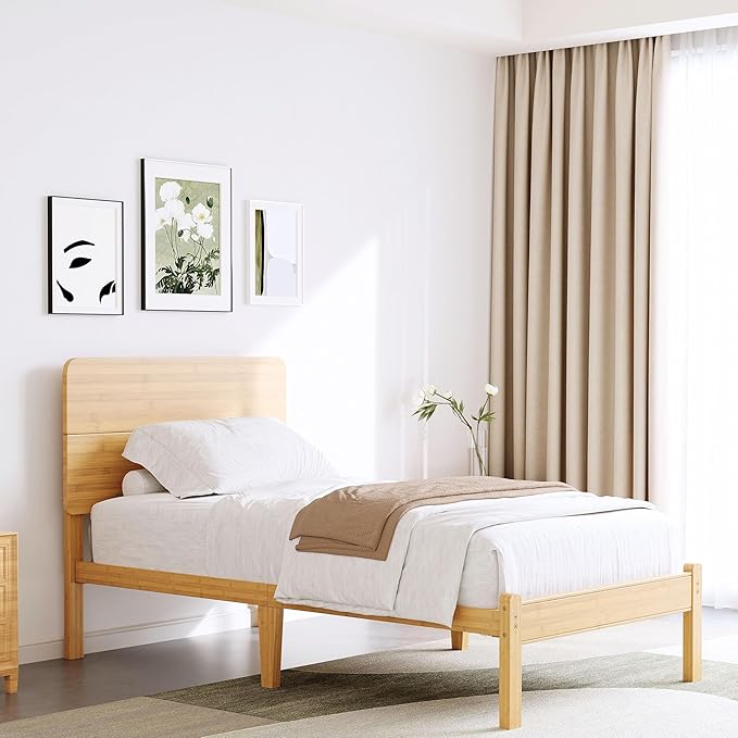 BOSRII 14in High Solid Bamboo Wood Platform Twin Size Bed Frame with Headboard, Reinforced Heavy Duty Metal Slats, Noise Free, No Box Spring Needed, Easy Assembly