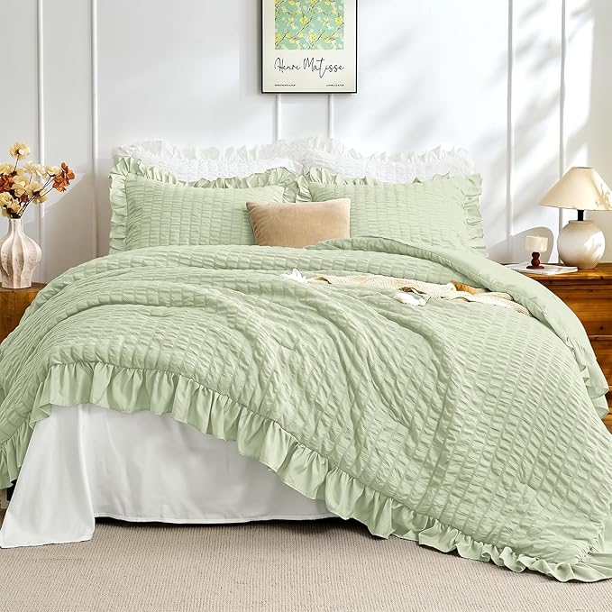 JOLLYVOGUE Sage Green Twin Size Comforter Set, 2 Pieces Seersucker Lightweight Fluffy Bedding Set, Twin Ruffle Comforter, All Season Soft Microfiber Shabby Chic Bed Set