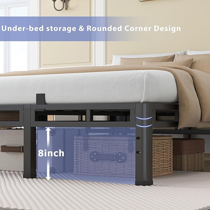 NKZ 12 Inch Queen Size Bed Frame, Metal Bed Frame & Box Spring 2 in 1 Platform with Round Corner Legs, 4000Lbs Heavy Duty Metal Frame, Mattress Slide Stopper, Headboard Hole, Noise-Free, Easy Assembly