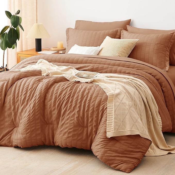 CozyLux Full Size Comforter Sets with Sheets 7 Pieces, Pumpkin Seersucker Bed in a Bag Textured Luxury Soft Bedding Set with Down Alternative Comforter, Sheets, Pillowcases & Shams for All Season