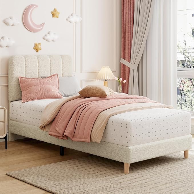 GarveeHome Twin XL Bed Frame, Upholstered Platform Bed with Wave Headboard for Girls/Kids, Easy Assembly, Wooden Slats Support, No Box Spring Needed, Boucle Beige