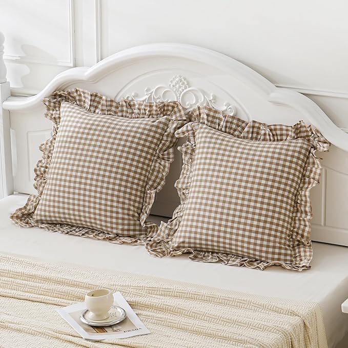 Taupe/White Plaid Euro Pillow Shams Ruffle Pillowcases Set of 2,Shabby Checkered Washed Cotton Pillow Covers-26 x26,Taupe/White Plaid