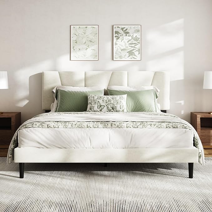 Full Size Bed Frame with Linen Upholstered Platform Bed Frame, Wooden Slats Support, Noise-Free Mattress Foundation, No Box Spring Needed, Easy Assembly, Beige