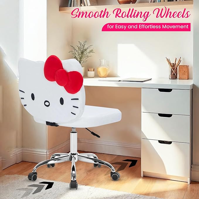 Impressions Vanity Hello Kitty Teddy Swivel Vanity Chair for Makeup Desk, Armless Rolling Chair with Wheels, Adjustable Height, 360 Degree Swing, Comfy Foam Padded Seat and Backrest (Teddy White)