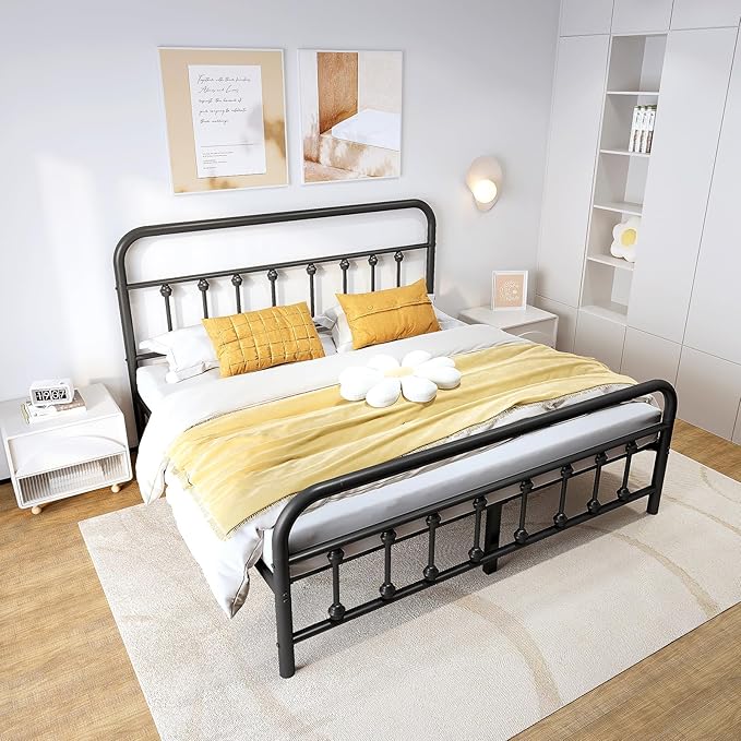Vengarus Metal Bed Frame,Queen Size Bed Frame with Headboard,Structurally Stable, Heavy Duty Steel Slat Supported,Under Bed Storage,No Box Spring Needed,14 Inch,Black