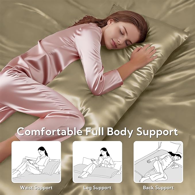 MR&HM Satin Body Pillow Cover, Soft and Breathable Body Pillow Case with Envelope Closure, Cooling and Silky Long Pillowcase for Hair and Skin,Grey (20x54, Golden Bronze)