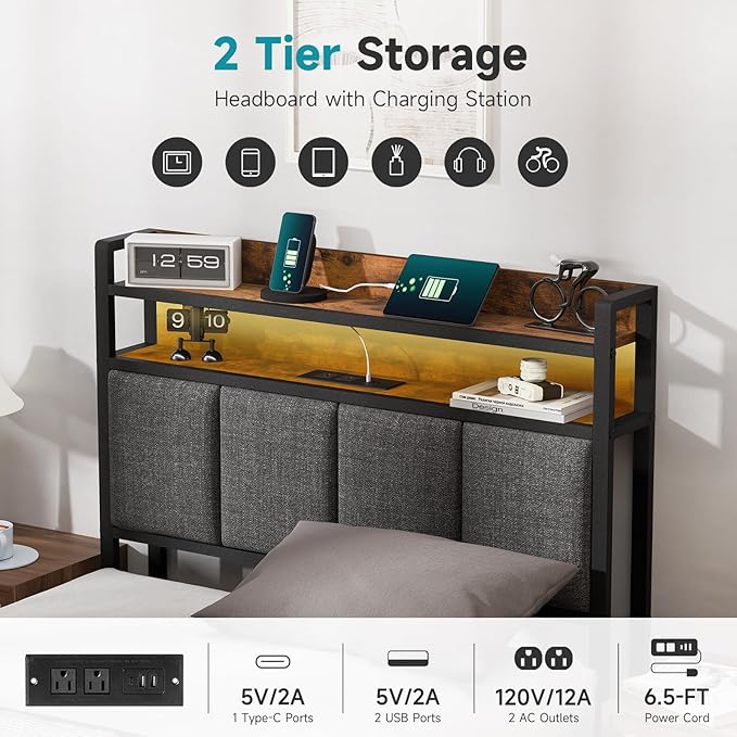 Twin Bed Frame with LED Light &Charging Station, Metal Platform Bed with 2-Tier Shelves & Under Bed Storage, Upholstered Headboard&Footboard,No Box Spring Needed,Noise Free,Easy Assembly,Vintage Brown