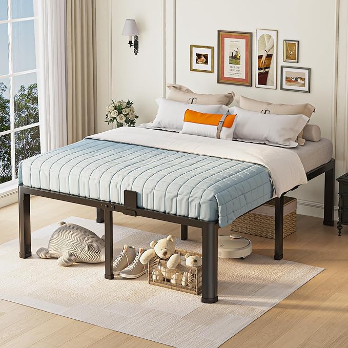 Yitong Angel 18 inch Queen Bed Frame with Round Corner Legs Mattress Slide Stopper,3500 lbs Heavy Duty Metal Platform,Steel Slats Support,No Box Spring Needed,Easy Assembly,Noise Free
