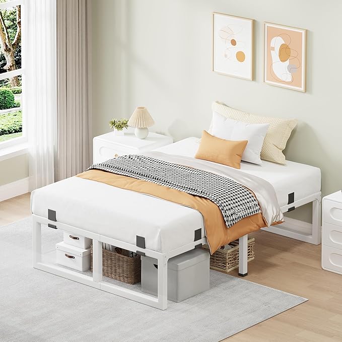 Twin Bed Frames, 14 Inch Metal Platform Bed Frame with Squeak Free U-Slot Design, 6 Non-Slip Guards, 3500lbs Heavy Duty Steel Slat Support, No Box Spring Needed, Under Bed Storage, White