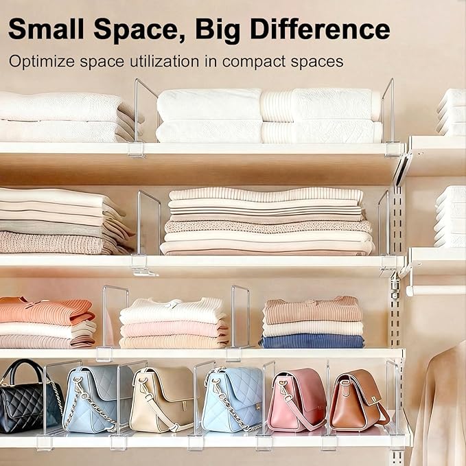 SortNStore Shelf Dividers Purse Organizer for Closet: 6-inch Tall(Shorter Version) Acrylic Handbag Organizer - Small Space Separator for Clutches Evening Bags Pouches Mini-Bags on Wood Shelves 8-Pack