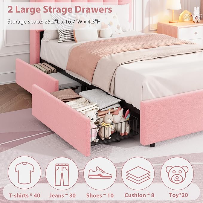 Garvee LED Twin Size Bed Frame with Storage Headboard, Kids Bed Frame with 2 Drawers, Boucle Upholstered Platform Bed for Girls, Chic Wavy Headboard with Bookcase, No Box Spring Needed, Pink