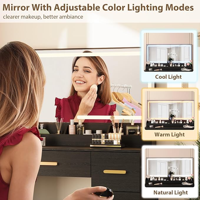 Garvee Vanity Desk with Large Mirror and Lights, 45.9 in Makeup Vanity Desk, 3 Lighting Modes Adjustable Brightness, Vanity Table with Power Outlet & 8 Drawers, for Powder Room and Bedroom