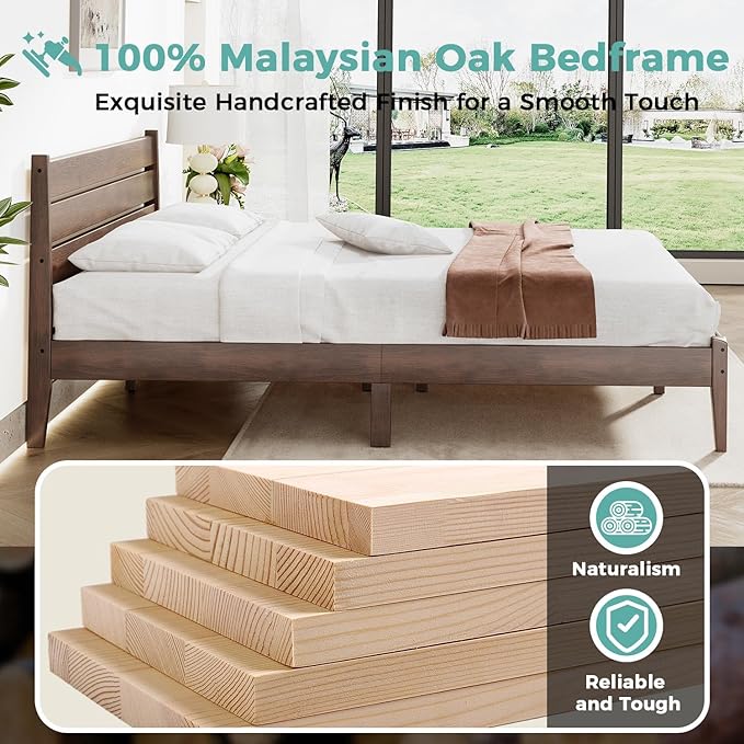 Queen Size Bed Frame, Malaysian Oak Bed Frame with Ladder Headboard, Solid Wood Bed Frames with Elevated Bed Legs, No Box Spring Needed, Noise-Free, Queen Size, Antique Espresso
