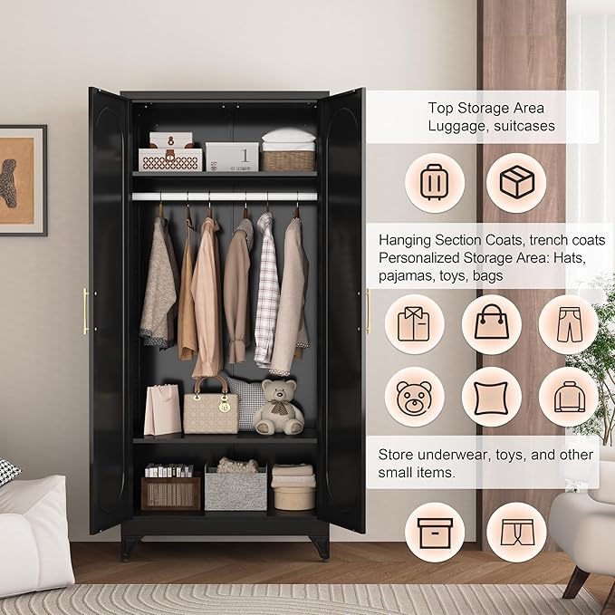 Metal Wardrobe Cabinets,Black Armoire Wardrobe Closet with Hanging Rod,Clothes Storage Cabinet with Adjustable Shelves and Doors,Clothing Cabinet for Bedroom, Office, Laundry Room