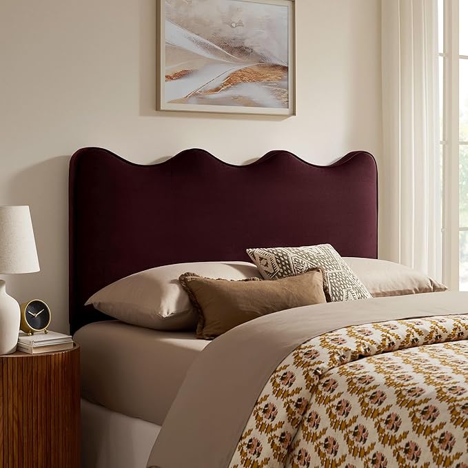 Monday Athena Full Size Performance Velvet Adjustable Headboard in Mulberry - with Scalloped Wave Design and Stain-Resistant Velvet Upholstery