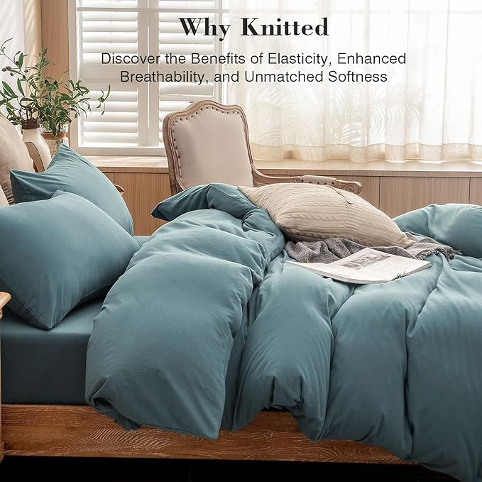 PURE ERA Jersey Knit Duvet Cover Set 100% T-Shirt Cotton Super Soft Comfy 3pc Bedding Set with Zipper Closure (Solid Cerulean Blue, Oversized Queen)