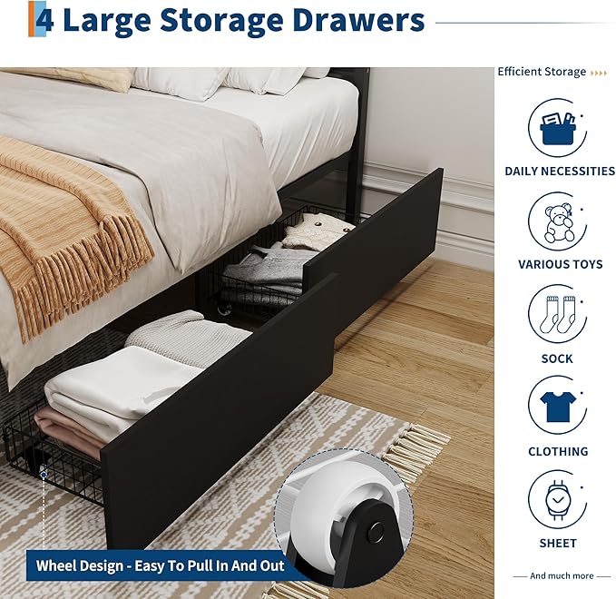 GarveeHome Black Rattan Bed Frame with Headboard, Boho Cane Platform Queen Bed Frame with 4 Drawers, Strong Metal Slats Support, Noise Free, No Box Spring Needed