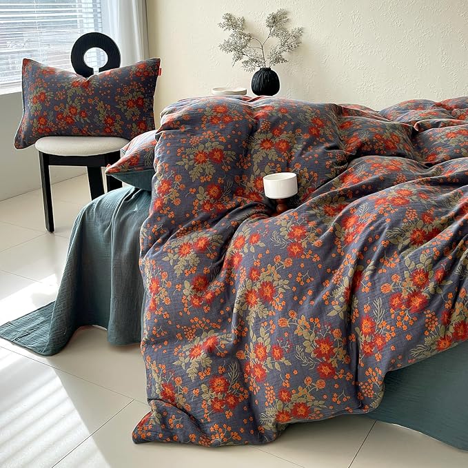 VM VOUGEMARKET Rustic Double Layer Gauze Jacquard Duvet Cover Queen, Dusty Slate Blue with Retro Orange Floral Print, Soft Breathable Boho Comforter Cover with Zipper&Ties