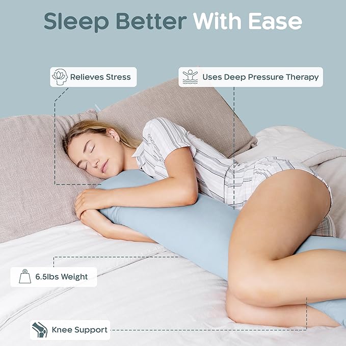 SleepCloud Weighted Body Pillow 6.5lbs - Weighted Pillow for Deeper Sleep (41” x 10”) - Cooling Body Pillows for Adults, Side Sleeper Body Pillows with Cover (Arctic Blue)