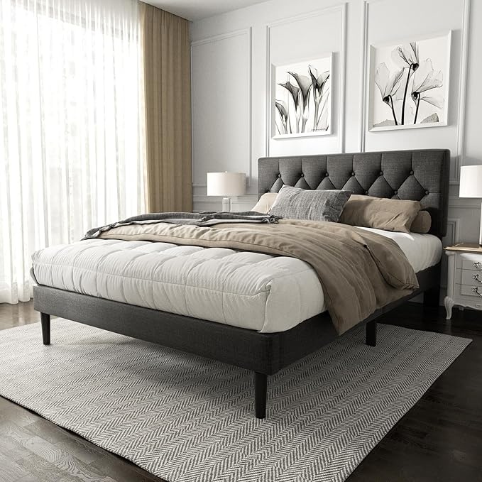 HAOARA Queen Size Platform Bed Frame with Upholstered Button Tufted Headboard, Mattress Foundation with Wooden Slat Support, Noise Free, No Box Spring Needed, Easy Assembly, Dark Grey