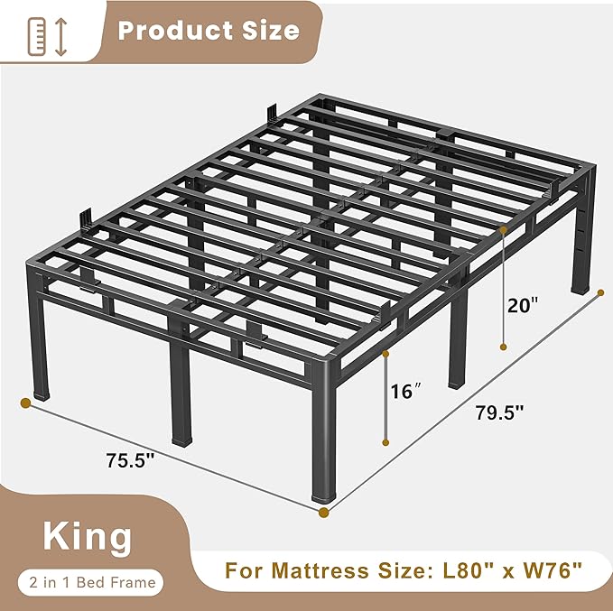 ROIL 20 Inch King Size Bed Frame, Metal Bed Frame & Box Spring 2 in 1 Platform with Round Corner Legs, 4000LBS Double Layer Bed Frame with Headboard Holes Mattress Baffles, Noise-Free Easy Assembly