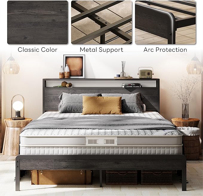 LIKIMIO Queen Bed Frame with Headboard, Dark Wood Camas Queen with Strong Supports, Sturdy, Noise-Free, No Box Spring Needed, Grey