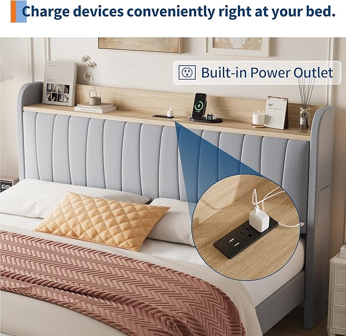Garvee Upholstered Bed Frame King Size with Storage Headboard and Charging Station, Platform Bed Frame with Drawers, Heavy Duty, No Box Spring Needed, Easy Assembly, Light Grey