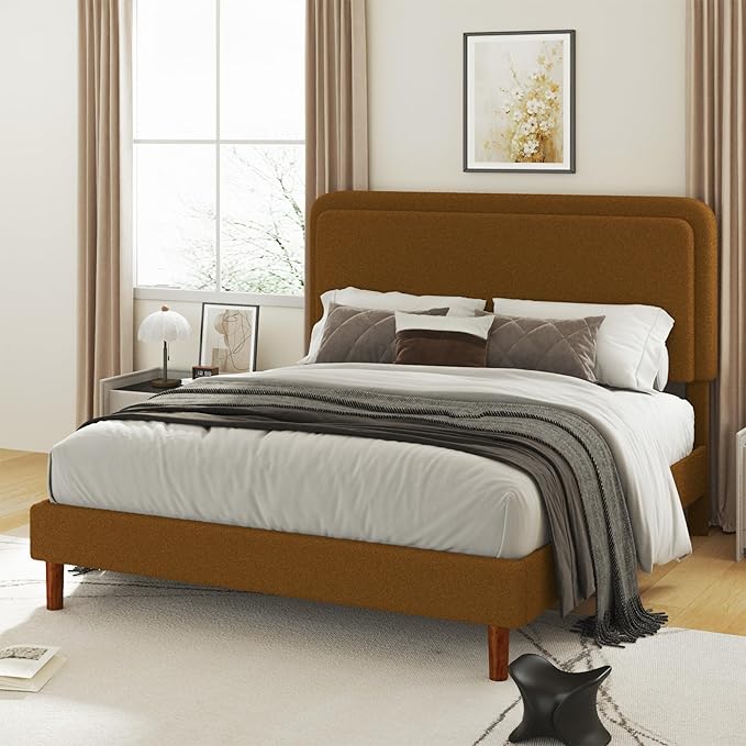 Queen Size Boucle Platform Bed Frame with Adjustable Headboard, Upholstered Cloud Bed, Solid Wooden Legs, Easy Assembly, No Box Spring Needed, Brown