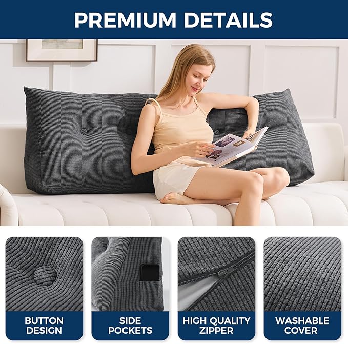 IASEAHK Headboard Pillow Queen, Triangle Pillows for Headboard, Head Board Backrest Wedge Pillow for Reading Sitting Working, Daybed Pillows with Removable Cover for Bed Dorm Sofa, Black
