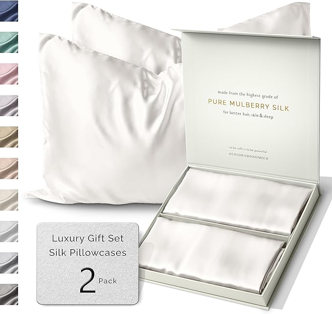 SUNDAYSILKS™ Silk Pillow Cases 2 PACK | 22 Momme Mulberry Silk Pillowcase Set of 2 | Standard Queen, King Size | All Sides 100% Pure Silk Slip Pillowcases Bliss for Couples with Zipper, 6A [Off White]