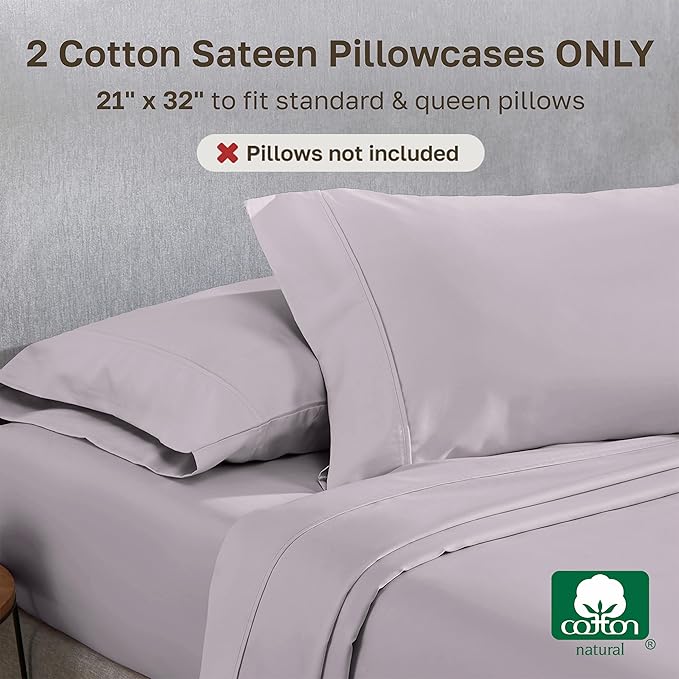 California Design Den Standard Queen Size Pillowcase Set - 400 Thread Count, 100% Cotton Sateen, Set of 2 Pillow Covers, Soft and Breathable - Dusky Lavender Grey