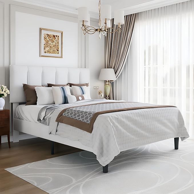 VECELO Queen Size Bed Frame with Upholstered Headboard, Heavy-Duty Bedframe with Wooden Slats & Steel Framework, Easy Assembly, Pure White